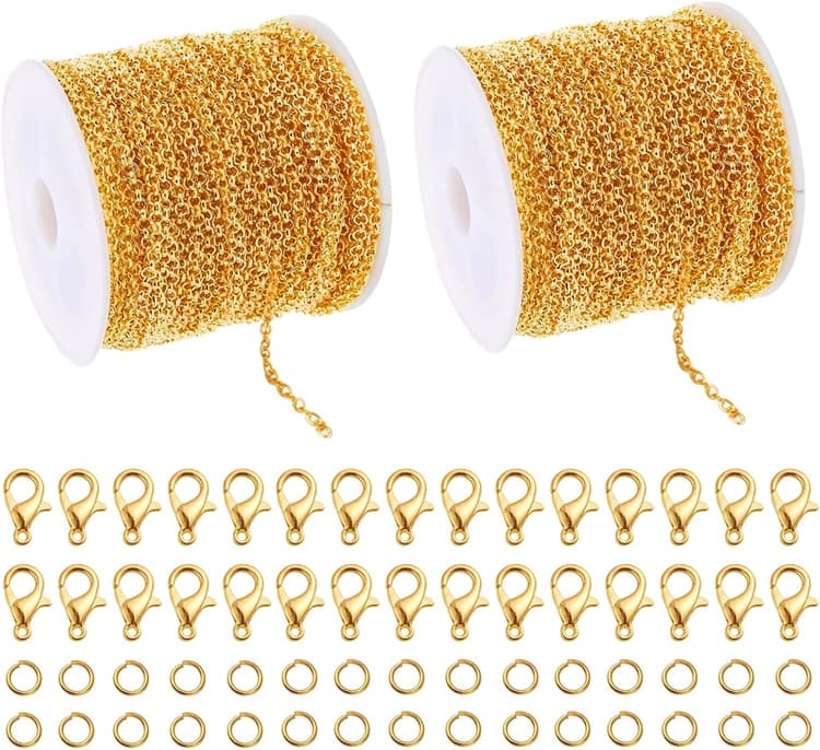 10 m Chaine Doré pour Bijoux en Acier Inoxydable, Chaine au Metre pour Fabrication Bijoux, Chaine Rouleau pour Femme, Chaine D'extension pour Creation Collier Bracelet, Avec 120 Anneaux Et 60 Fermoirs