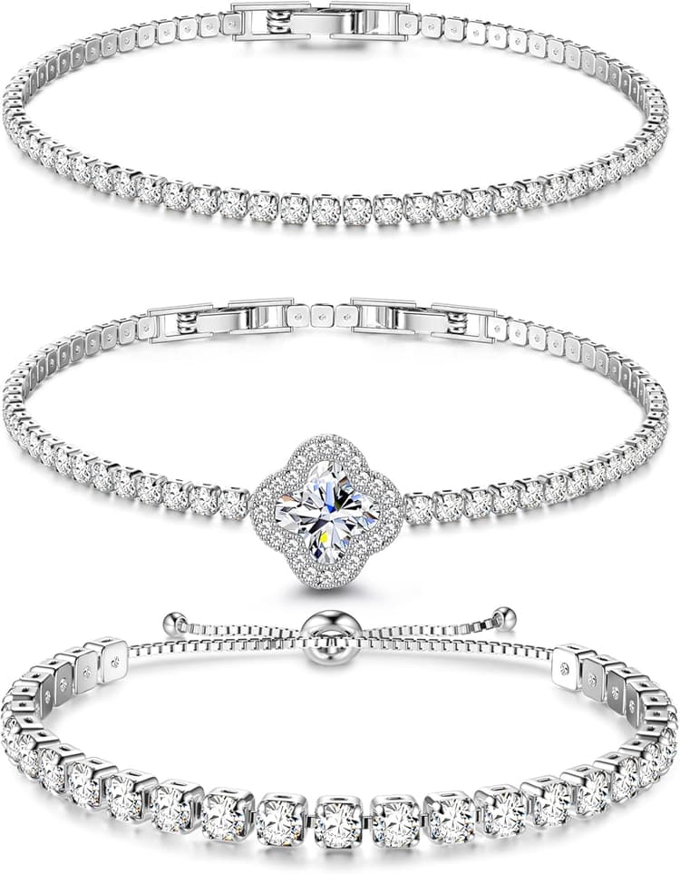 Dochais 3 Pièces Bracelet Tennis Femme Argent Or, Bracelet Femme avec Zircone Cubique, Bracelet Tennis Brillant, Bracelet Cristal Femme pour Femme Fille Bijoux Cadeau