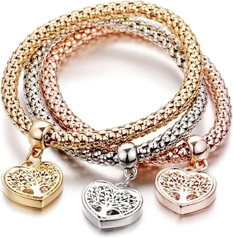 Aphrodite's Tree of Life Heart Edition Charm Bracelet with Austrian Crystals – Gold, Silver & Rose Gold Plated Popcorn Chain Bracelet Set for Women