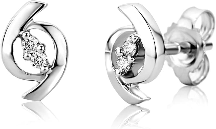 MIORE Boucles d'Oreilles Femme, Or Blanc 9 Carats (375), Boucle d'Oreille Diamant, Piercing Oreille avec vrais Diamants, Boucles d'Oreilles Or, Bijoux Femme Hypoallergéniques, Boite a Bijoux Incluse