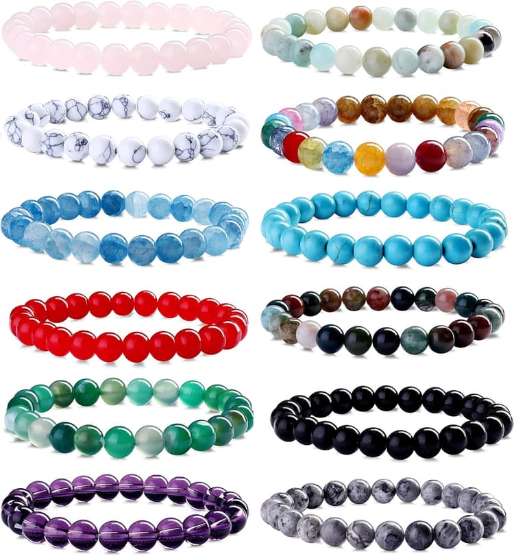 LOLIAS 12 Pcs 8mm Naturelles Parlez Bracelets pour Femmes Hommes Bracelets Pierre Crystal Natural Bracelet Protection Extensible Charme Bracelets Couples Perlés Bijoux Cadeaux