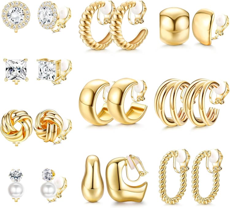 10 Paires de Boucles d'Oreilles à Clip pour Femmes Non Percées Hypoallergénique,Plaqué Or 14K et Argent,Boucle d'Oreille Clips Creoles Confortables avec Perles et Cz pour Peaux Sensibles