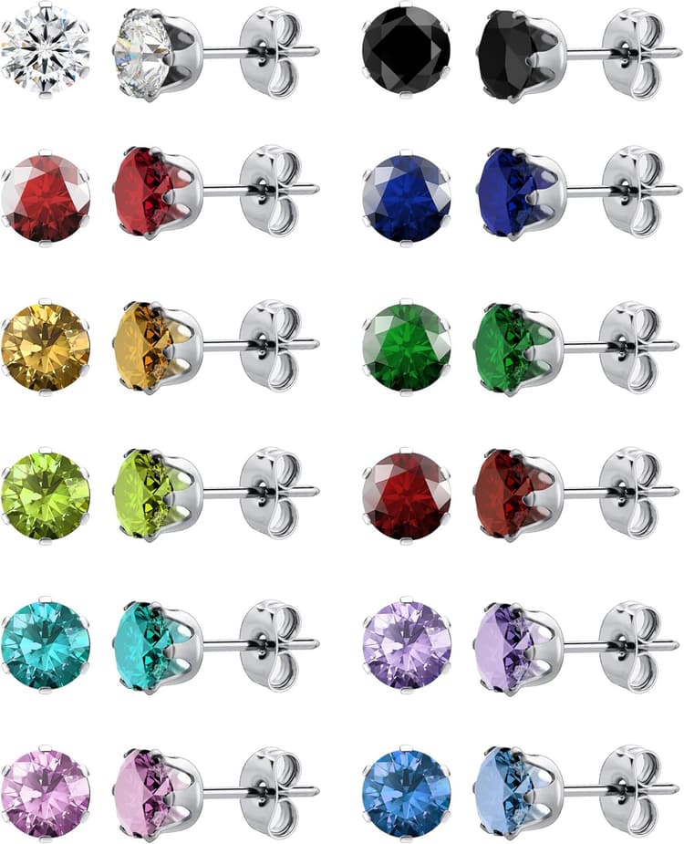 12 Pairs Silver Earrings Surgical Steel Earrings Women's Earrings Hypoallergenic Earrings Set Men's Earrings 12 Colors CubicZirconia Studs Earrings
