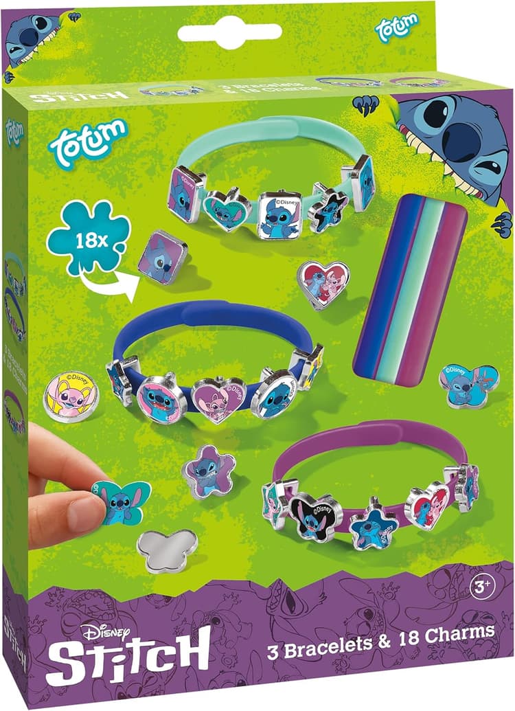 Stitch Lot de 18 bracelets pour enfants - Bracelets jaunes, bleus et rouges pour créer votre propre créativité - Plaisir de bijoux unique avec de jolis motifs Stitch, 14 Cm, Caoutchouc,