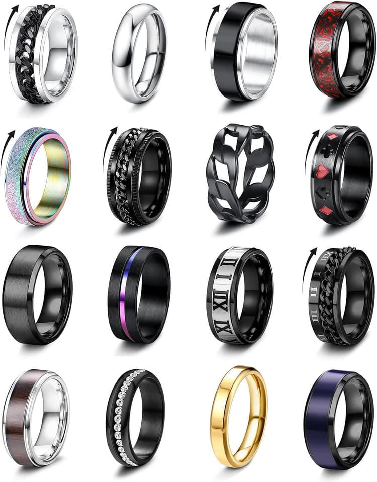 Besteel 16Pcs Stainless Steel Fidget Rings for Men Women Non Tarnish - Anxiety Relief Smooth Black Spinner Ring Set Mens Wedding Band Daily Engagement Promise Rings Jewelry Gift Comfort Fit Size 7-13