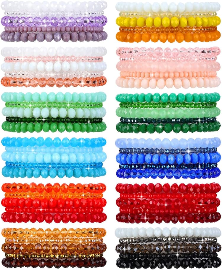 Junkin 60 Pcs Crystal Beaded Bracelets Bulk for Women Bohemian Multi Layer Stacking Statement Stretchy Strand Crystal Bead Bracelets Versatile Slip on Shiny