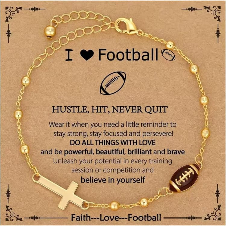 Sports Charm Bracelet for Women, 14K Gold Plated Cross & Ball Pendant, Adjustable Game Day Jewelry, Football Basketball Soccer Gift for Her