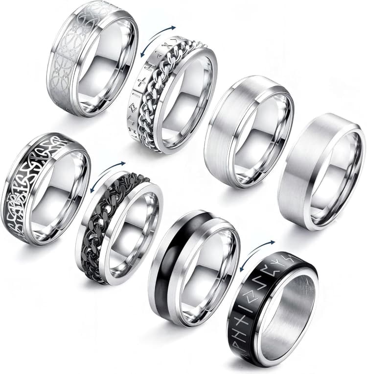 JeryWe 8 Pcs Stainless Steel Rings for Men High Polished Mens Band Wedding Engagement Fidget Rings Vintage Spinning Rings Size 7-13