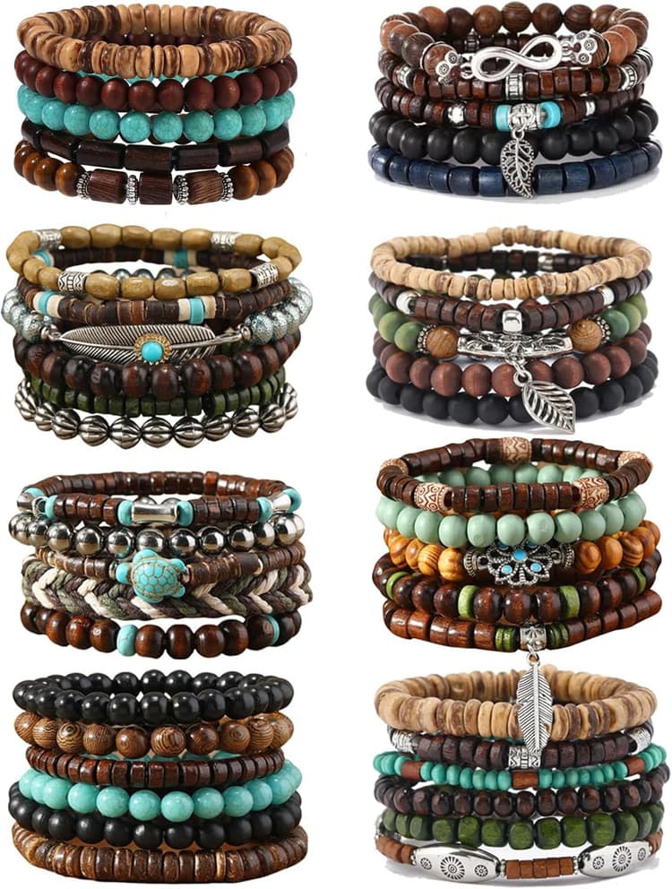 SONNYX 43Pcs Punk Wooden Beads Bracelets Gothic Bracelet for Men Adjustable Vintage Beaded Bracelet Metal Set Wood Bangles Wristbands Commemorative Gift