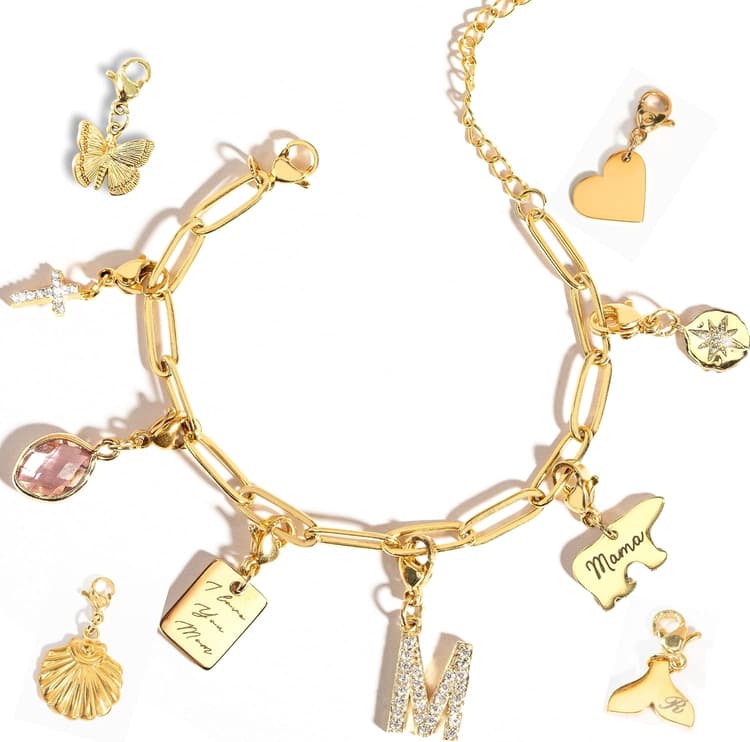 MignonandMignon Personalized Engraved Gold Charm Bracelet for Mom, Gifts for Grandma, Unique Birthdays Teen Girls, Mothers Day, Anniversaries, Graduation, Handmade Jewelry for Her