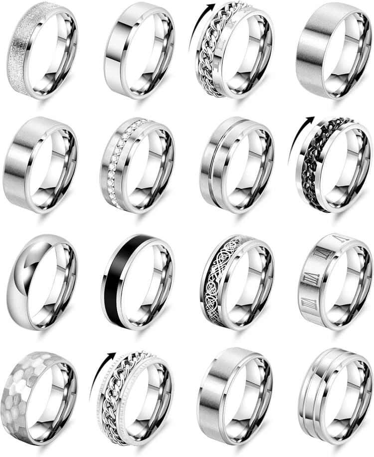 REVOLIA 16PCS Silver Rings for Men Stianless Steel Band Rings for Men Women Simple Engagement Wedding Promise Rings Set