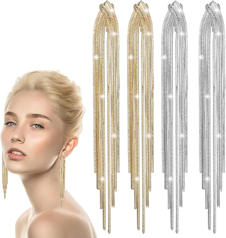 SAFIGLE Lot De 2 Paires Longues Boucles D'oreilles à Pampilles En Métal Doré Et Argenté, Style Linéaire Élégant, Boucles D'oreilles Pendantes à Clips, Femmes, Mariage Et Cérémonie, Design