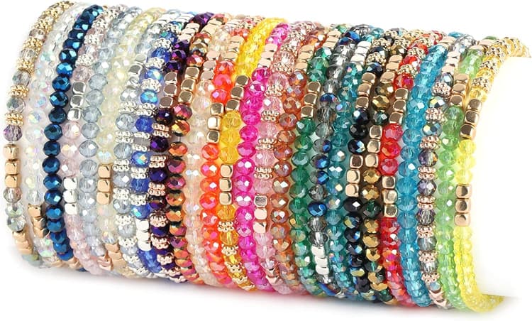 MOZAKA 26Pcs Boho Beaded Bracelets for Women Colorful Stackable Sparkly Crystal Beads Bracelets Multi-Layer Versatile Statement Bracelets Stretch Cuff Jewelry Gifts