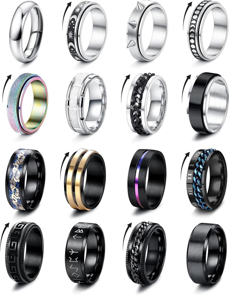 16 Pcs Bague Homme Acier Inoxydable Noir Torsadée Cool Chaîne Tournante Celtique Dragon Band Anneau Anti Stress Fiancaille Promise Bague pour Homme Taille 54-70