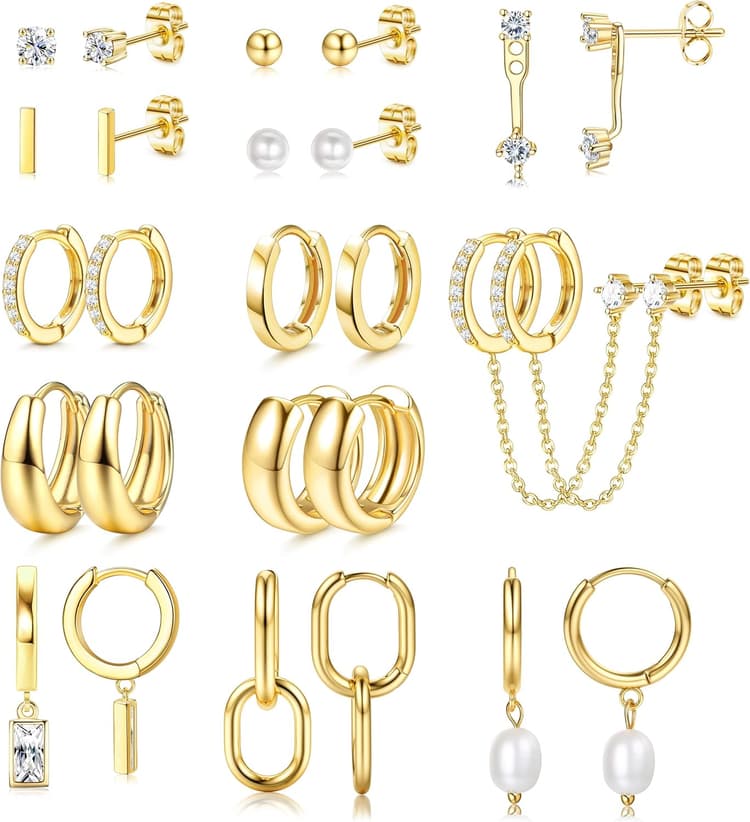 BESTEEL 13 Pairs Small Stud Hoop Earrings Set for Women Hypoallergenic Gold Plated Huggie Hoops Pearl Dainty Lightweight Earrings for Gift