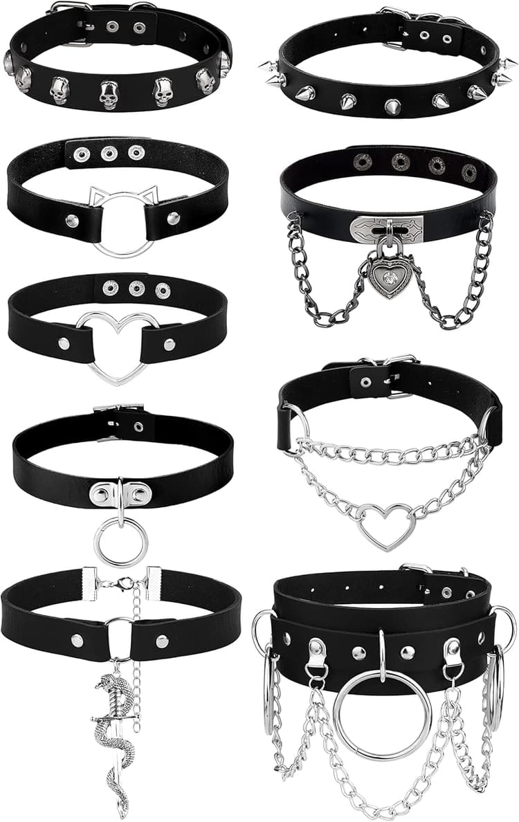 HAIAISO 6-9pcs Leather Punk Goth Choker Necklace with Love Heart Spikes, Adjustable Pu Collar for Women