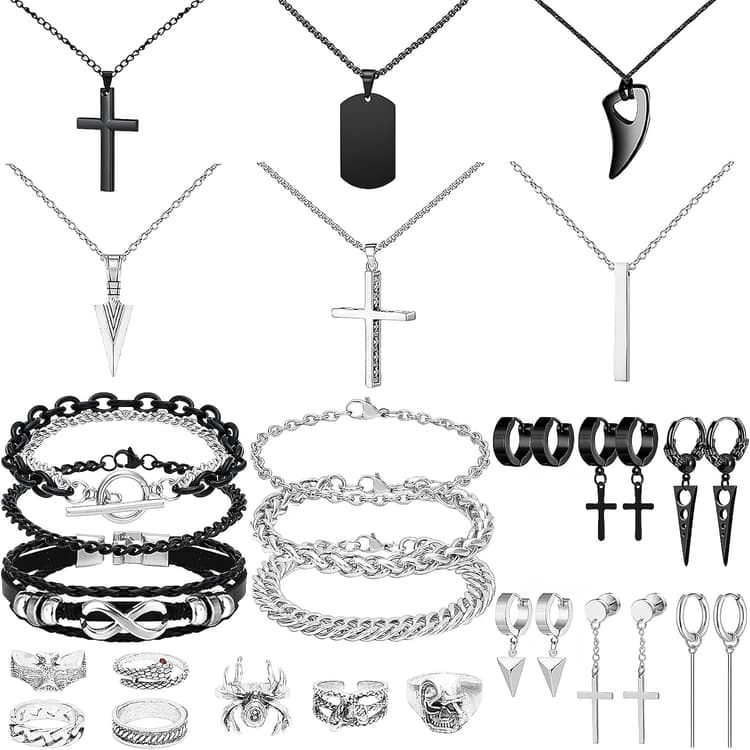 NEWITIN 31 Pieces Stainless Steel Jewelry Set for Men Black Silver Chain Necklace Bracelet Cross Pendant Necklaces Vintage Rings Dangle Cross Earrings Cuban Jewelry Set for Men Women