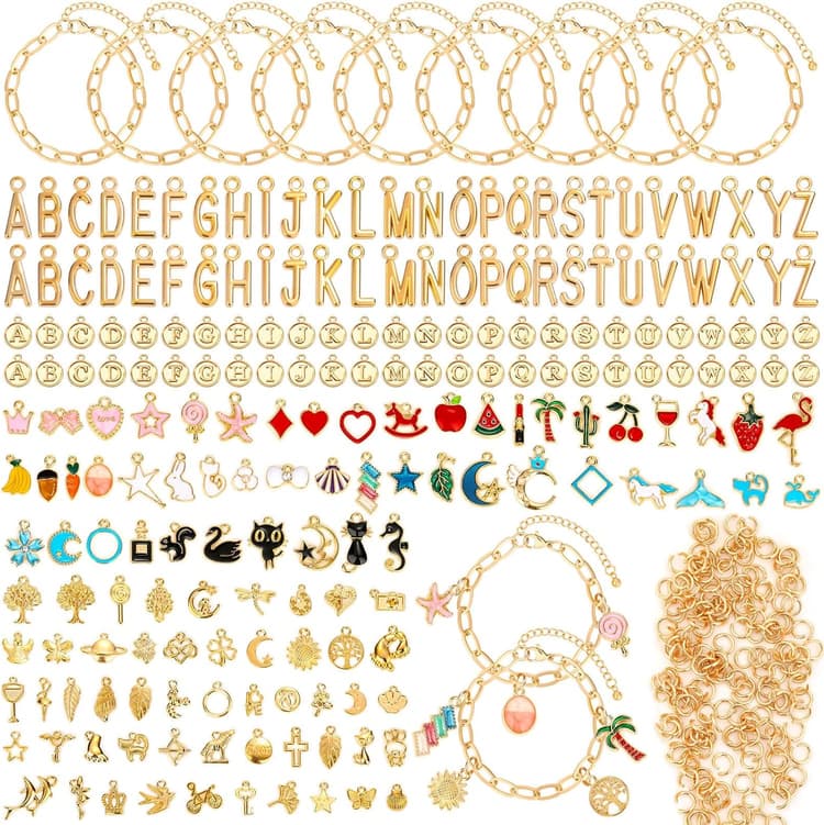 Flasoo 416 Pieces Gold Charm Bracelet Making Kit, Including Paperclip Chain Bracelets, Charms, Jump Rings for Jewelry Making