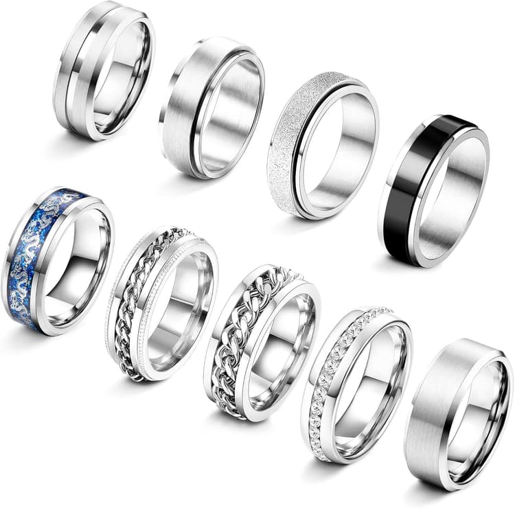 Adramata 9Pcs Bague Homme Acier Inoxydable Bague Anti Stress Bague Dragon Bague Chaine Chevaliere Homme Vintage Bague Mariage Promise Fiançailles Bague Fidget Bijoux Bague Homme Argent Noir