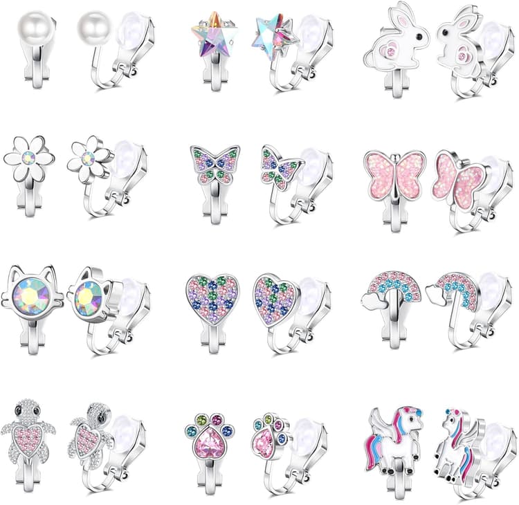 12 Paires Boucles d'Oreilles Clip Femme Fille Enfant Hypoallergéniques Boucle Oreille Sans Trou Papillon Arc-en-ciel Fleur Perle Étoile Bijoux Enfants Fille