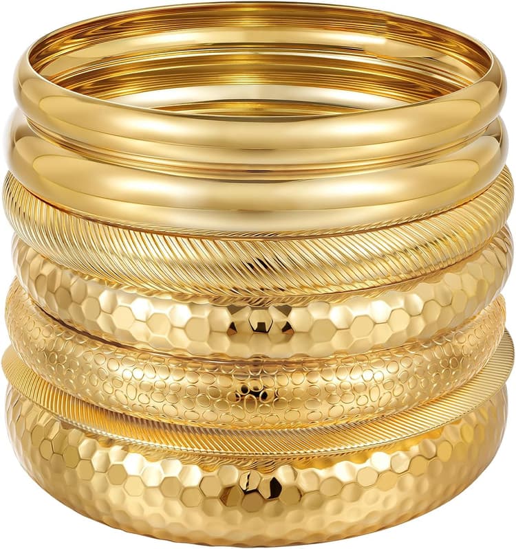 YEEZII Gold Bangle Bracelets for Women, 7Pcs 14K Gold Plated Boho Indian Multi Stackable Textured Bracelets, Chunky Bangles Set for Women Jewelry Gifts