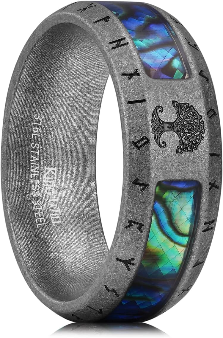 King Will Viking Stainless Steel Wedding Band - 8mm Men Ring with Tree of Life Rune Design and Abalone Shell Inlay in Grey/Gold/Black Vintage Finish,Comfort Fit Size 7-14