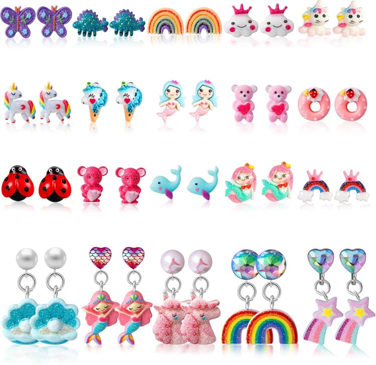 Kids Clip On Earrings for Girls 20/30/40 Pairs Hypoallergenic Clip on Earrings for Kids Cute Animal Earrings for Little Girls Jewelry Set Party Favor Gift