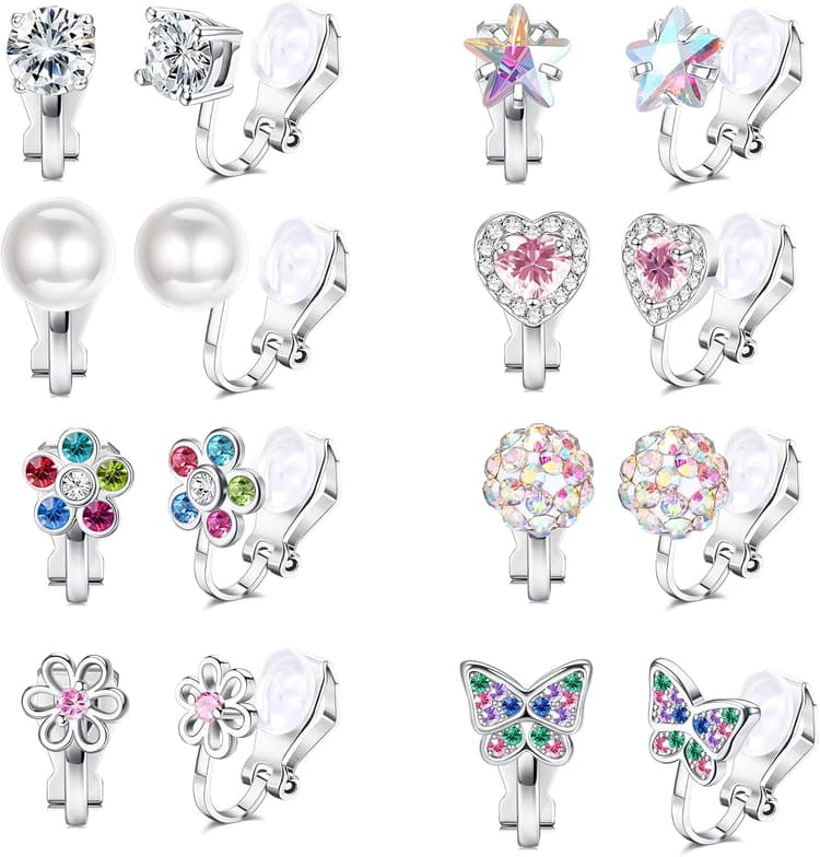 FASACCO 8-10Pairs Clip on Earrings for Women Girls Colorful Crystal Non-Piercied Earrings Cute Flower Heart Butterfly Pearl Clip-on Earrings Over 3 Years Old