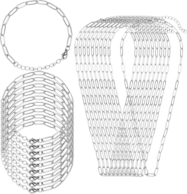 20Pcs Chain Charm Necklace Bracelet Making Kit, Adjustable Paperclip Bracelet necklace chains for charm jewelry making Alloy Link Chains with Lobster Clasps for Women DIY Jewelry Making (Silver)