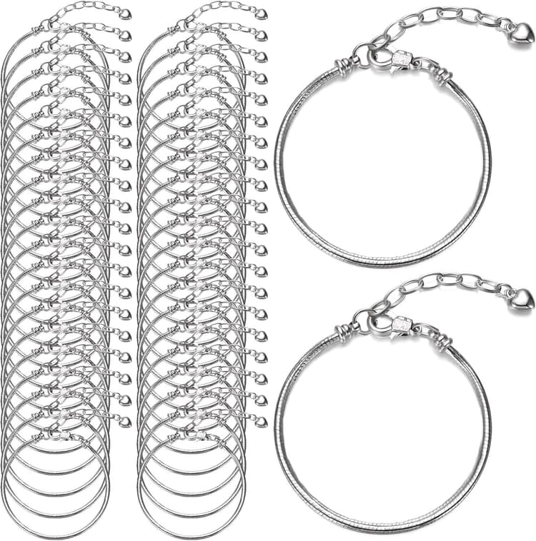 Hicarer 27 Pieces Snake Charm Bracelet Chain Adjustable Charm Bracelet Chain with Heart Shape Extender Copper DIY for Women Jewelry Making(6.3 Inch,Silver)