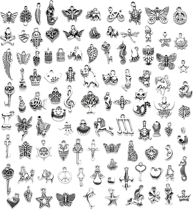 Skyzone breloques creation bijou, 100 Pièces Mixte Argent Antique Breloques charms pour Bracelet Collier Bracelet Boucles d'Oreilles DIY Fabrication Breloque pour Bijoux