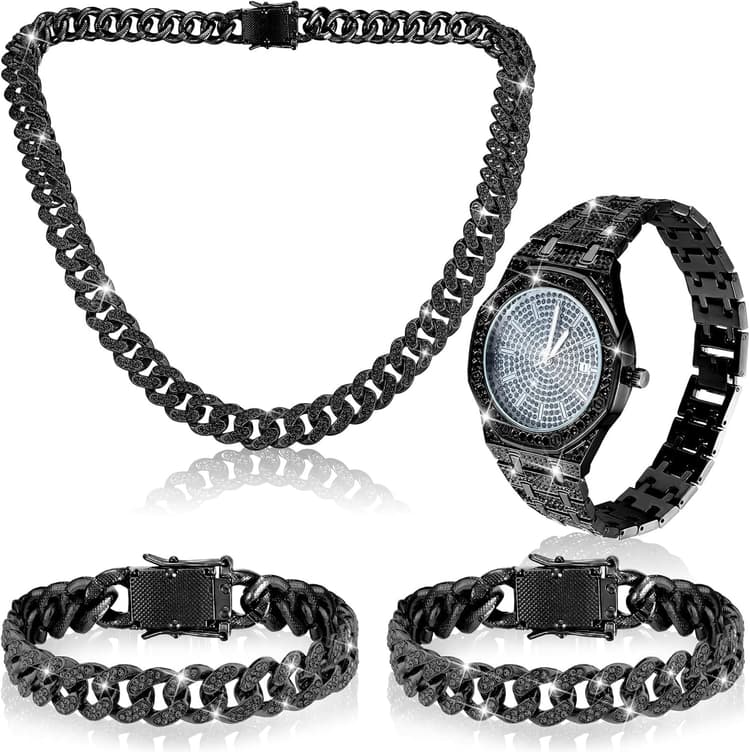 Huquary 4 Pcs Diamond Watch Cuban Link Chain Men Watch Set Hip Hop Jewelry Set Bling Rhinestone Necklace Bracelet Jewelry