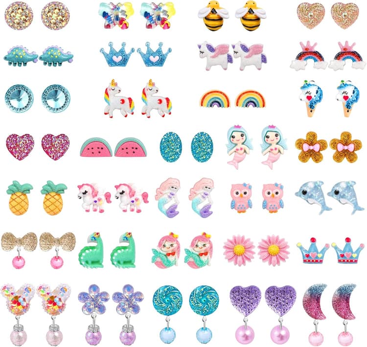 Clip On Earrings Hypoallergenic Clips Earrings Sets Suitable for Ages 4-12 Little Girls, Cute Small Clips On Earrings Jewelry Gifts Set