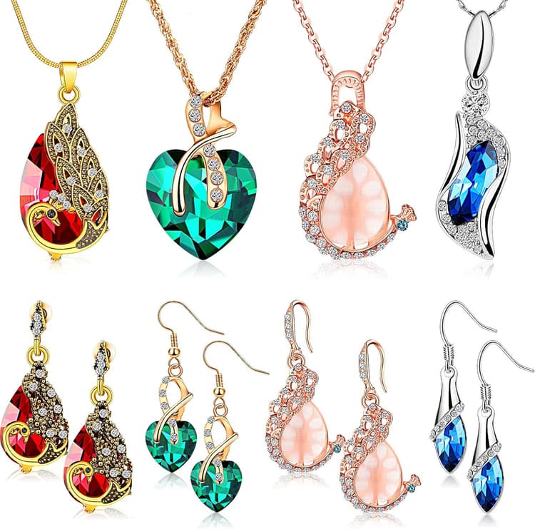 MTLEE 4 Set Peacock Jewelry Sets for Women Crystal Necklace Earrings Rhinestone Waterdrop Pendant Heart Charm Hook Earrings Indian Jewelry Set for Mother's Gift Valentine's Gifts Lover Ladies