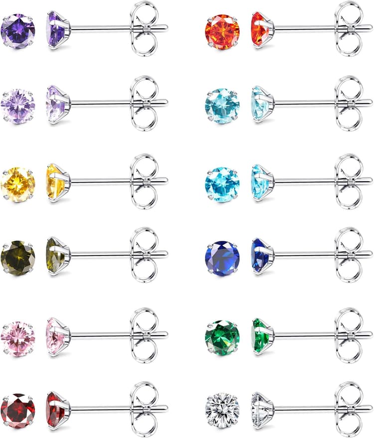 JeweBella 12Paires Petites Boucles d'Oreille Acier Inoxydable Femme Hypoallergénique Rondes Clou d'Oreilles Boucles d'Oreilles Zircon Multicolores Boucles d'Oreilles Pierre de Naissance 3/4/5mm