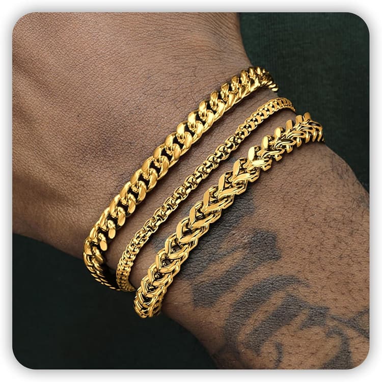 DAYANEY Silver and Gold Bracelet for Men, Cuban Chain Bracelet Set Water Proof Stainless Steel Bracelet for Him, Adjustable Gold Link Men Braclet as Jewelry Gifts for Boyfriend, Dad and Son