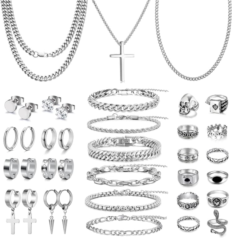 FEYIR 37 Pcs Jewelry Set for Men Stainless Steel Cuban Link Necklace Bracelet Vintage Rings Hoop Stud Earrings Mens Fashion Jewelry