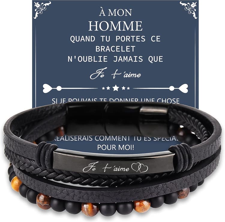 Bracelet Homme Idee Cadeau Homme Papa Grand Pere Mari Copain Couple Noel Saint Valentin Fete des Peres Anniversaire