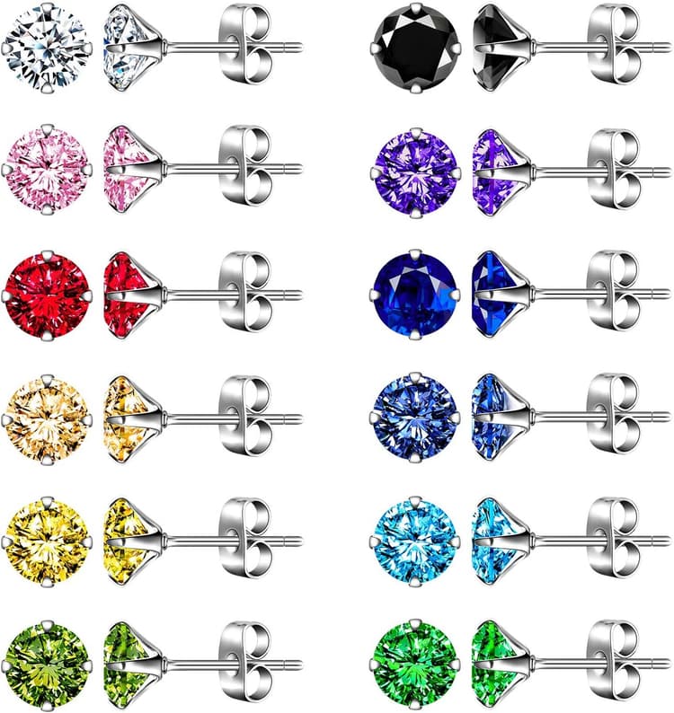 24 Pièce Acier Inoxydable Clou d`oreille Rondes Boucle d'Oreille Zircon Ton d'Argent Noir Rouge Ro Femme