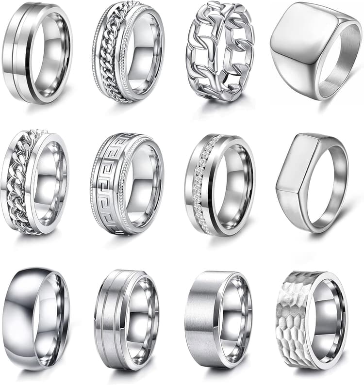 EIELO 12pcs Stainless Steel Band Rings - Silver, Modern, Wedding & Everyday Occasion - No Gemstones, Unisex, Size 7-14