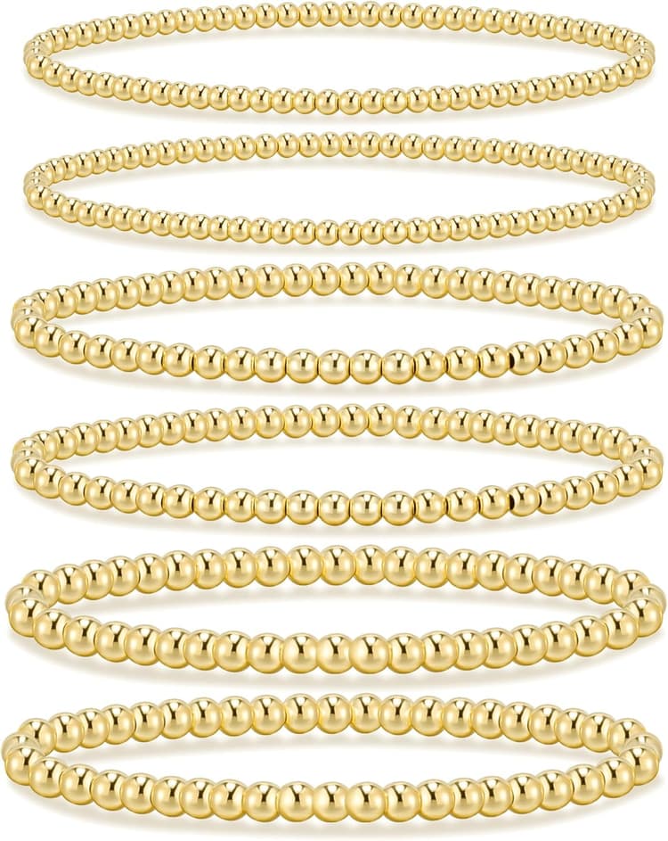 adoyi Gold Bracelets for Women Waterproof, 14K Gold Plated Beaded Strand Bead Ball Bracelets stack Adjustable Jewelry Set for Gifts
