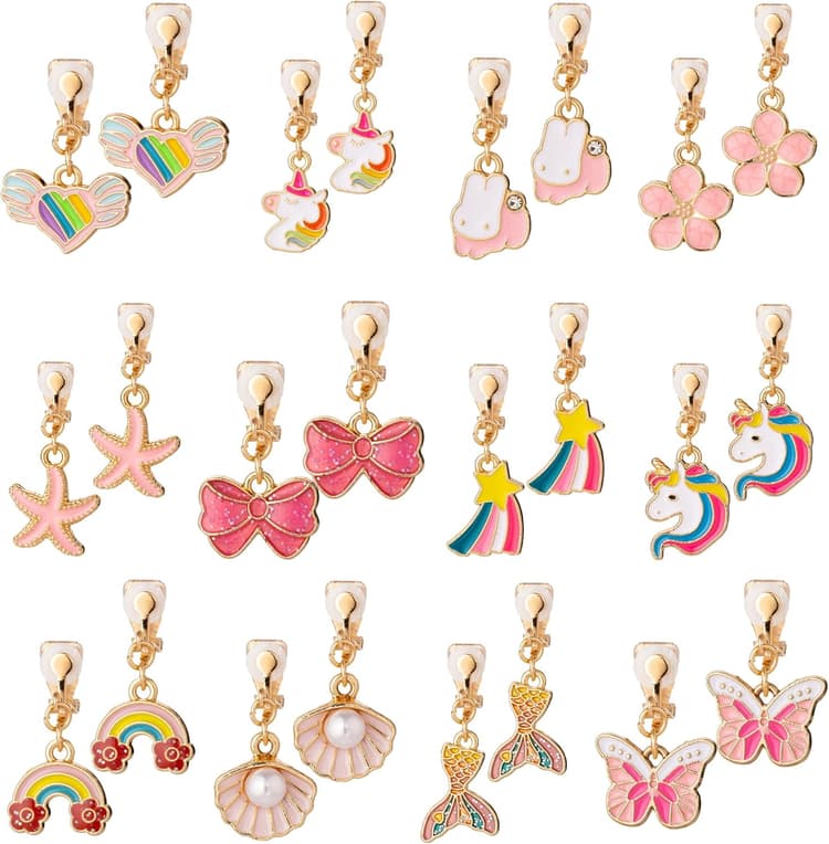 12 Pairs Kids Clip-on Earrings - Cute Unicorn Designs, Non-Pierced Dress Up Alloy Jewelry for 4-12 Year Old Girls Birthday Christmas Valentine's Day Holiday Gifts,Party favors Kids Toys