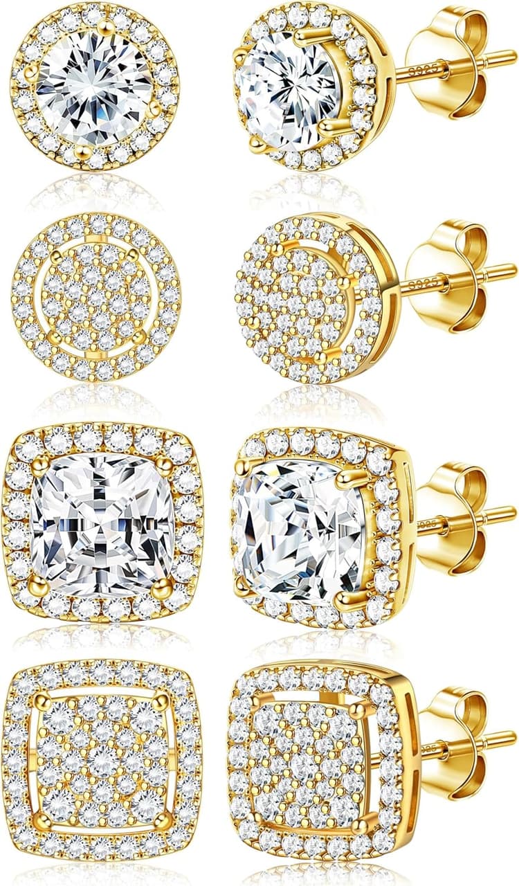 Dochais 4 Paires Boucles d'Oreilles Argent 925 Homme Femme Hypoallergéniques Lot Boucles d'Oreilles Zircon Cubique Plaqué Or 14K Ronde Carrée Brillant Grand Diamant Boucle d Oreilles Femmes Hommes