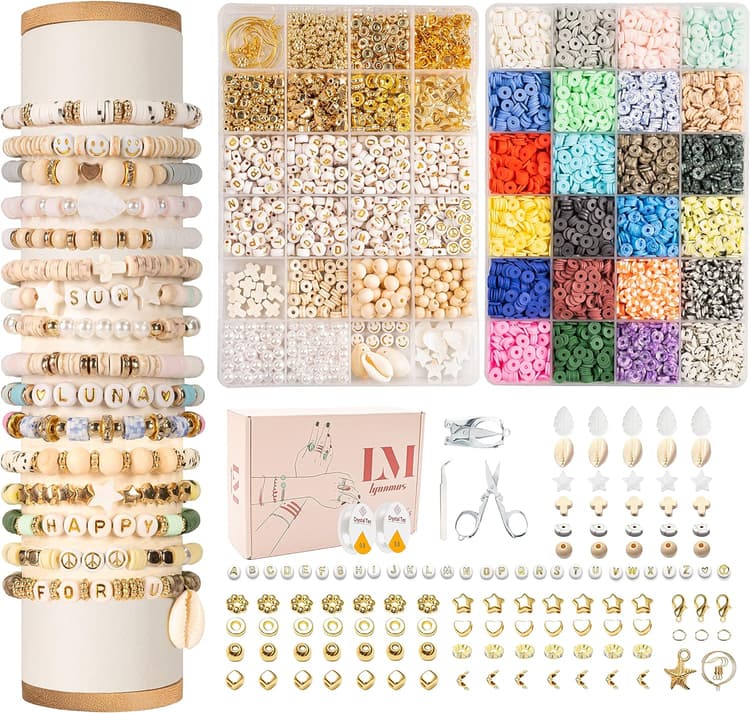 Lynnmos Perles pour bracelet, Kit 8000+ pièces, Perles heishi plates 6mm, 2 boîtes lettres DIY, Création bijoux bracelets colliers - Cadeau filles, Bracelet de l'amitié
