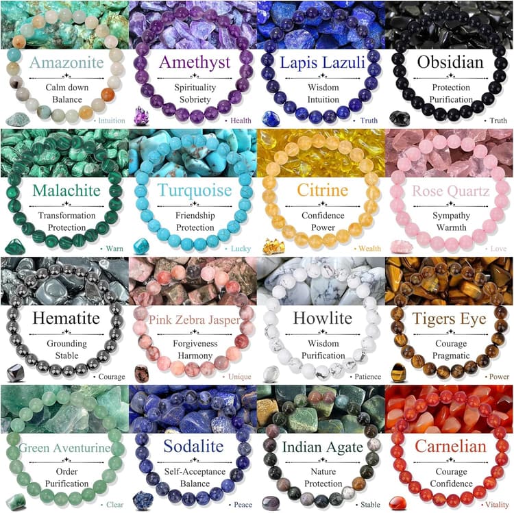 SAMOCO 16Pcs Natural Healing Crystal Bracelets for Women Men Semi-Precious Gemstone Beaded Bracelets Round Beads Gemstones Stretch Yoga Bracelet