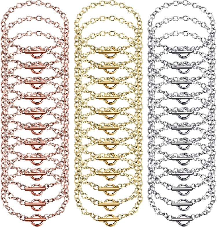 Hicarer 24 Pieces Bracelet Chains Bulk with Ot Toggle Clasp Alloy Link Chains DIY Jewelry Making Bracelets for Women DIY Jewelry Valentine's Crafts Supplies(Gold, Silver and Rose Gold)