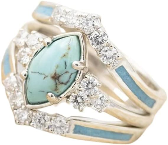3 PCS Natural Turquoise Diamond Ring Set - Western Jewelry Silver Color Rings for Women - Bohemian Joint Knuckle Finger Rings With Sparkling Natural Gemstone