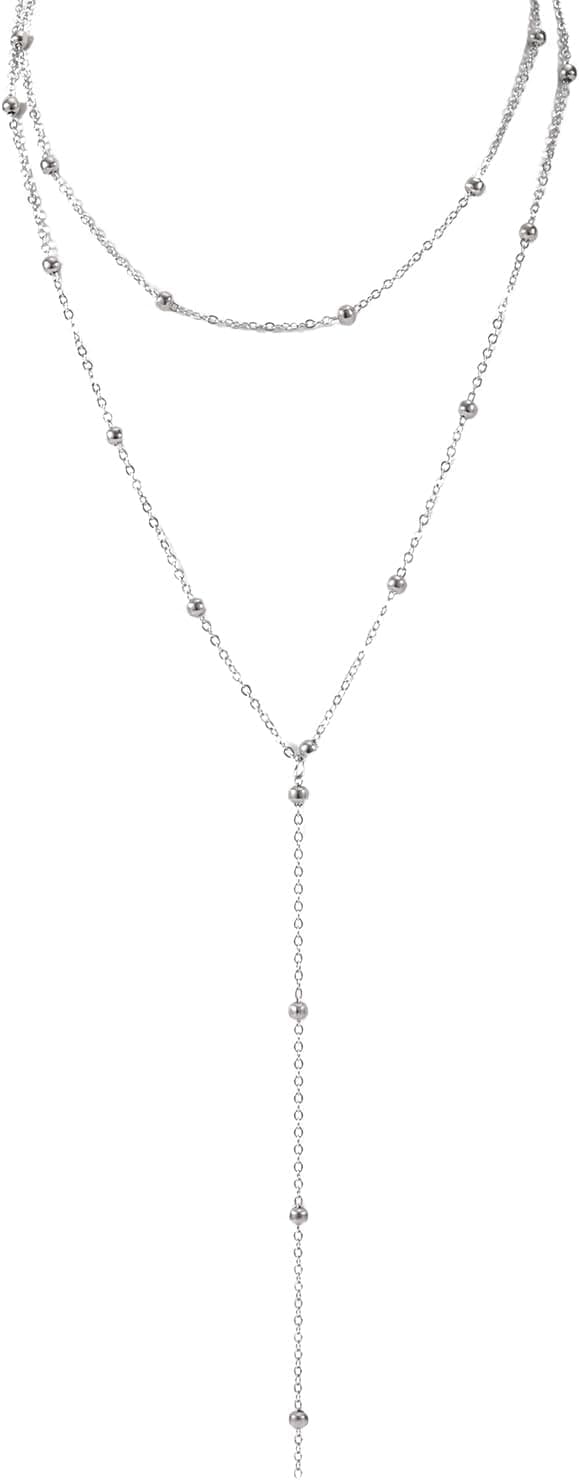 Collier Long Superposé pour Femme, Tendance en Forme de Y Colliers Lariat Simple Collier Pendentif Chaîne Perlée Cadeau de Bijoux Tendance (Argent)
