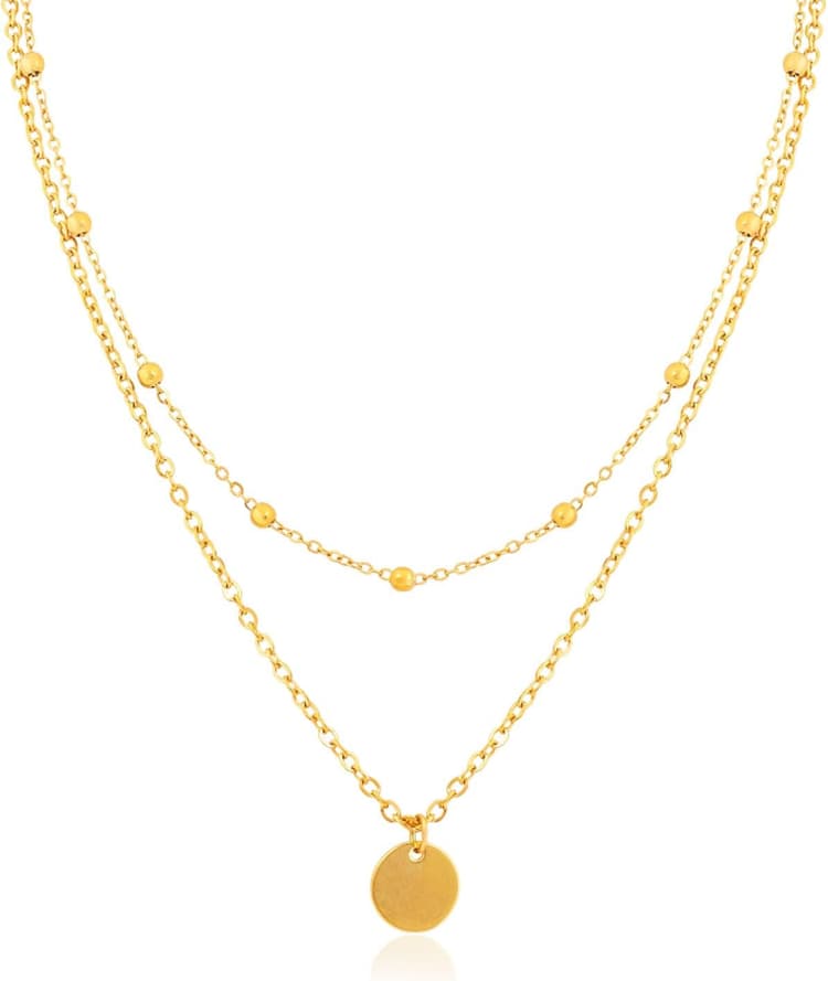 Colliers Or pour Femme,Collier Superposé Réglable en Acier Inoxydable,Chaîne en Or 18 Carats,Colliers Longue Imperméables avec Pendentif Plaque Ronde,Collier Exquise et Élégante pour Femme