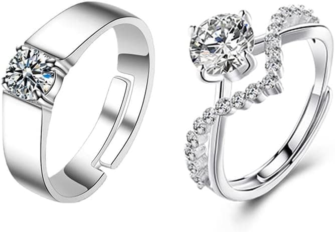 Bagues de Couple Argent 925 Zircon Bague de Fiançailles Alliance Couple Anneaux Mariage Bagues de Promesse Ouvertes Reglable pour Femme et Homme Bijoux Cadeau